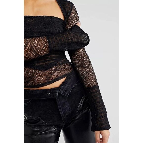 Free People OB1656955 Women's Sz XS Black L/S Lace My Party Top Blouse - Picture 7 of 9